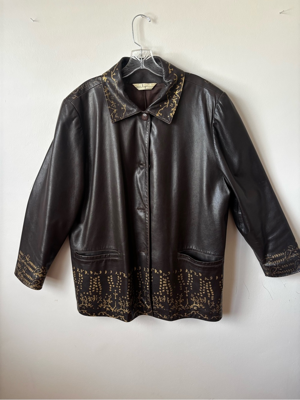 Black Leather Jacket with Gold Stenciled Detail